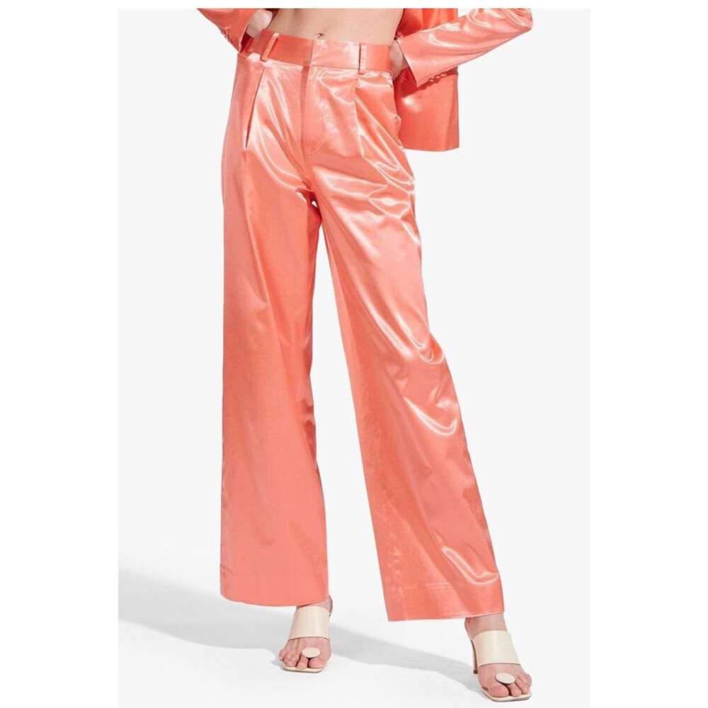 Staud Women’s Brucco Orange pink Coral Satin Wide Leg Trouser High Rise Pants‎ 2